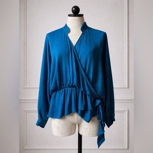 Womens Teal Wrap Blouse with Ruffle Hem